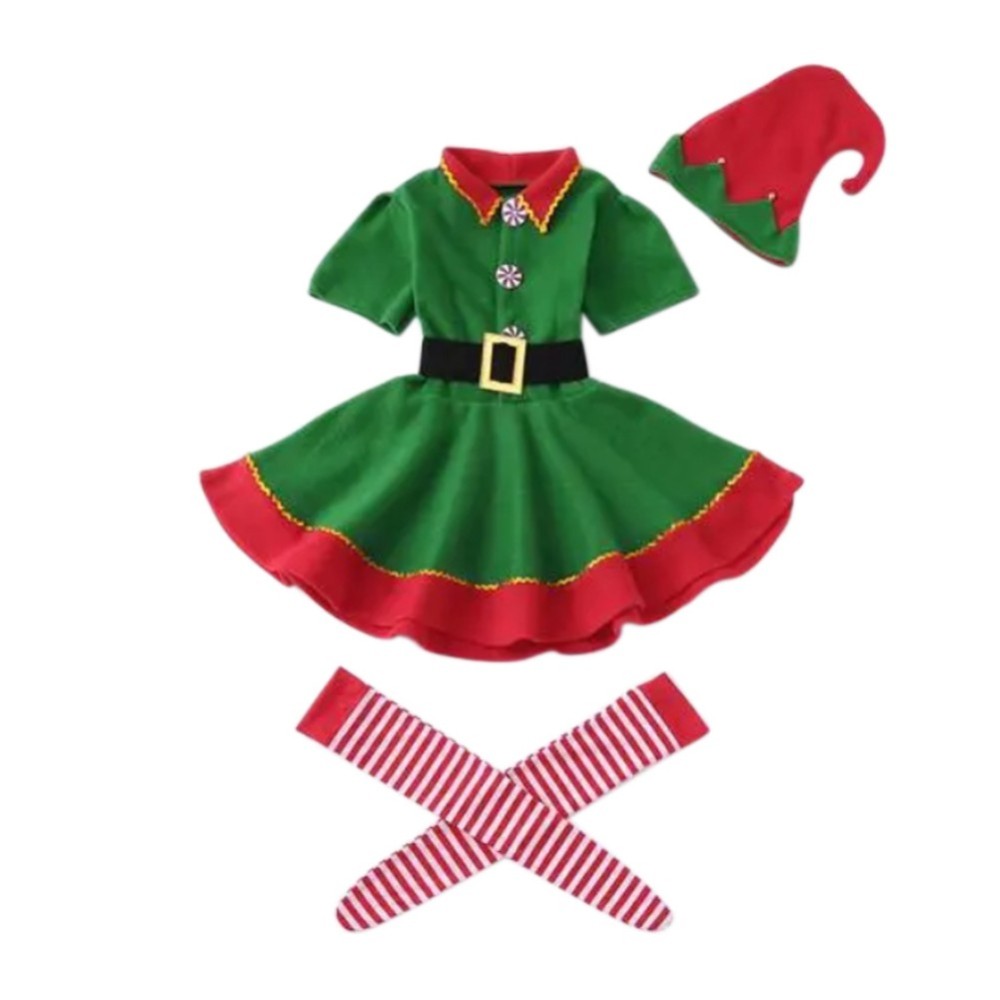 URMAGIC 4PCS/set Girl Women Christmas Elf Costume Set Velvet Dress Santa's Helper Costume Xmas Festive Outfit - image 1 of 5