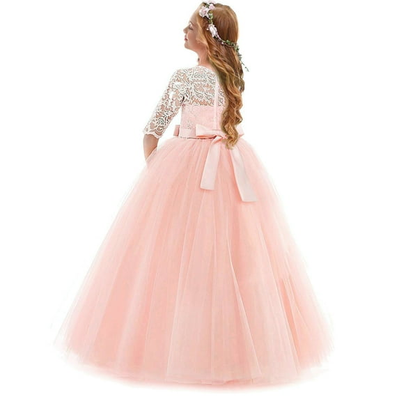 URMAGIC 5-16Y Child Girls Vintage Floral Lace 3/4 Sleeve Wedding Dress Teen Girl Tulle Floor Length Vintage Gown Dress