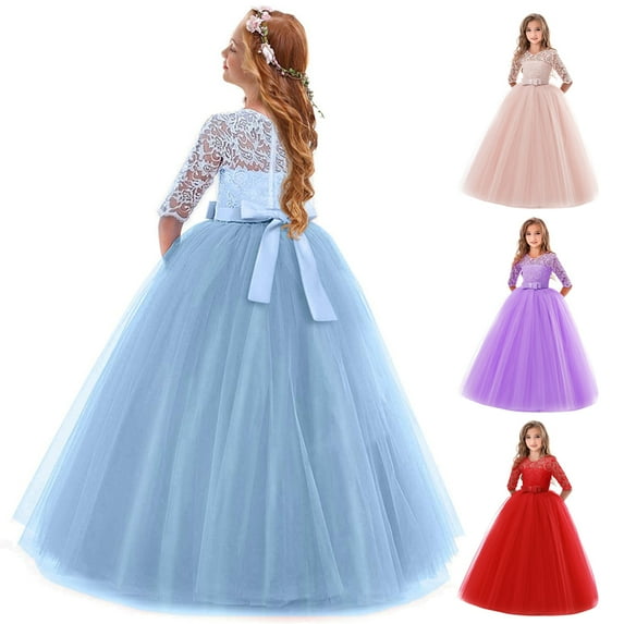 URMAGIC 5-16Y Child Girls Vintage Floral Lace 3/4 Sleeve Wedding Dress Teen Girl Tulle Floor Length Vintage Gown Dress