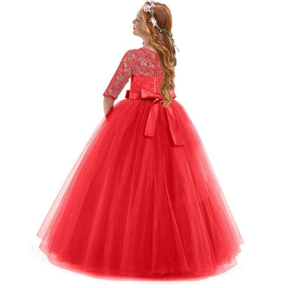 URMAGIC 5-16Y Child Girls Vintage Floral Lace 3/4 Sleeve Wedding Dress Teen Girl Tulle Floor Length Vintage Gown Dress