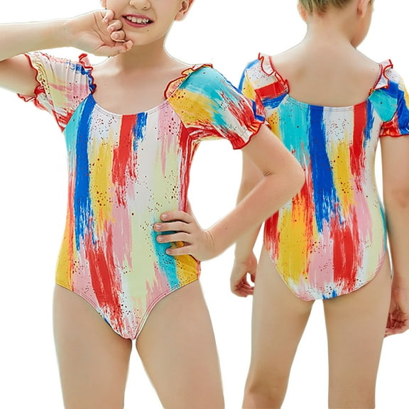 URMAGIC 7-11T Child Girls Tie-dye Short Sleeve Ruffles One-Piece Swimsuit Swimwear