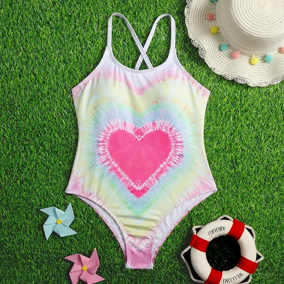 URMAGIC 7-14T Child Girls One Piece Swimsuit Criss Cross Bathing Suit Sport Swimwear/Heart Pink
