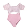 thumbnail image 1 of URMAGIC 7-14T Child Girls Short Sleeve One Piece Swimsuit Cut Out Bathing Suit Monokini Swimwear/Stripe Pink, 1 of 1