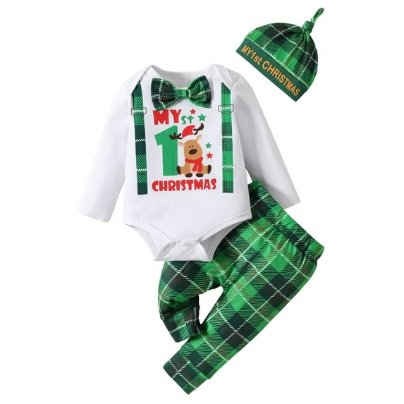 URMAGIC Baby Boy Girl Outfits Newborn Cute Elk Print Romper Plaid Pants Hat Christmas Clothes 3PCS Set