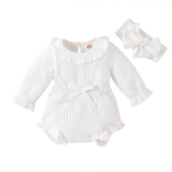 URMAGIC Baby Girl Long Sleeve Solid Color Cute Bowknot Romper Ruffle Jumpsuit+Headband 2 Piece Set