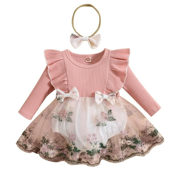 URMAGIC Baby Girls Christmas Outfit Long Sleeve Ruffles Jumpsuit Romper Dress Newborn Skirt Bodysuit with Headband Outfits