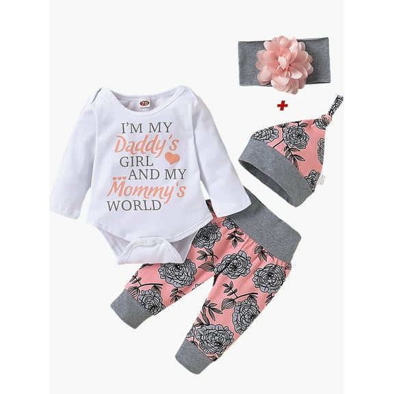 URMAGIC Baby Girls Flower Pink 4 Pcs Autumn Outfit Sets Long-sleeved Romper Pants for Newborn Infant Toddler,0-3 Months
