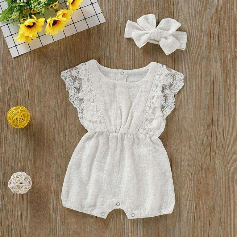 URMAGIC Baby Girls Lace Romper Set Ruffle Sleeve Solid Color