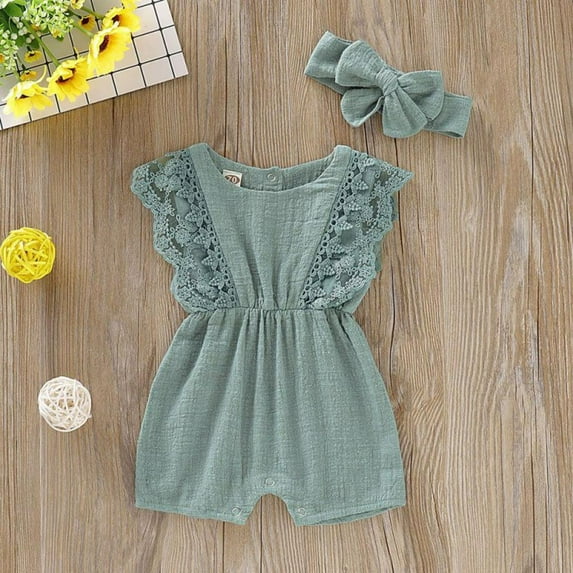 URMAGIC Baby Girls Lace Romper Set Ruffle Sleeve Solid Color Onesie with Headband 6-12 Months