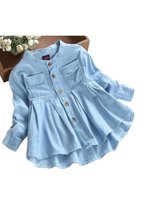 Baby Girls Long Sleeve Cotton Denim Blouses Dress Toddler Princss Irregular Pleated Skirt