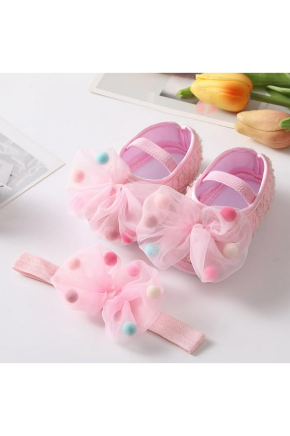 Baby Girls Princess Bowknot Soft Sole Cotton Cloth Crib Shoes Sneaker with Headband Set 0-6 Months