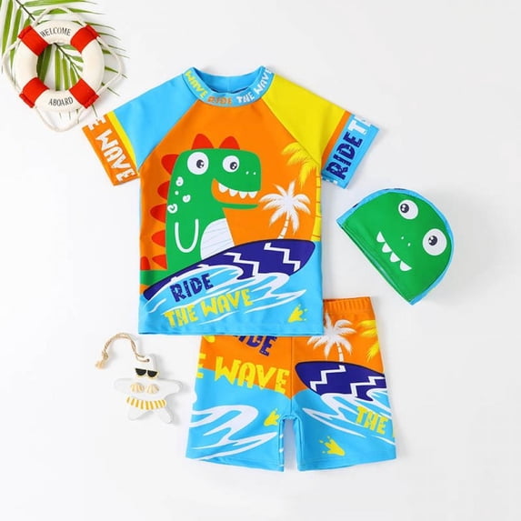 URMAGIC Baby Toddler Boys Two Pieces Swimsuit Set Swimwear Dinosaur Bathing Suit Rash Guards with Hat UPF 50+ 1-7 Years