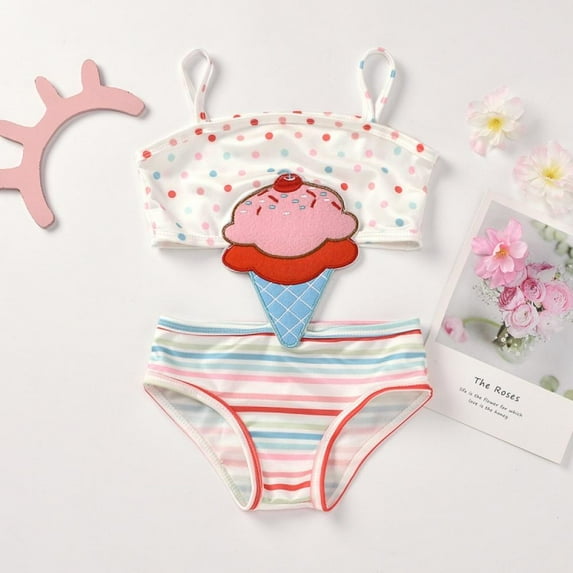 URMAGIC Baby Toddler Girls Swimsuit Swimming Costume One-Piece Cute Stripe Sleeveless Ice Cream Print Bathing Suit Outfits 5-6 Years