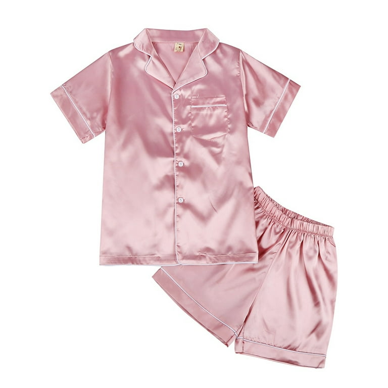 URMAGIC Boy Girl Kids Silk Pajamas Pyjamas Set Satin Short Sleeve Top  Shorts Sleepwear Nightgown 4-10T