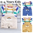 thumbnail image 1 of URMAGIC Boys Girls Stripe Tee+Rainbow Pocket Overalls Shorts Kid Summer Outfit Set, 1 of 10