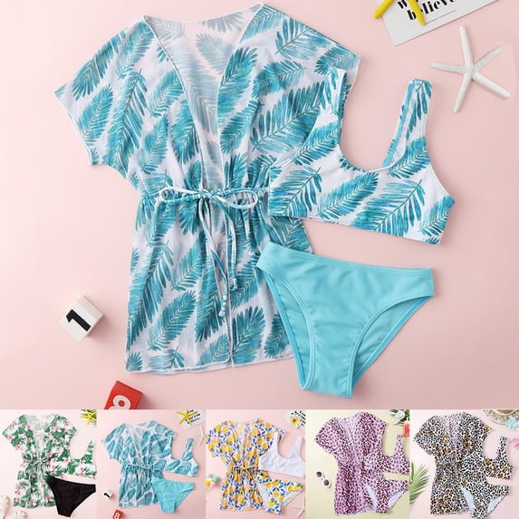 URMAGIC Child Girls 3 Pieces Floral Bikini Set and Kimono Bathing Suit Swimsuit,Tropical Leaf