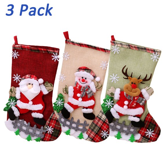 URMAGIC Christmas Stockings, 3 or 4 Pack 12" Personalized Large Christmas Stockings Santa, Snowman, Reindeer, Xmas Bear 3D Plush with Faux Fur Cuff Party and Christmas Decorations