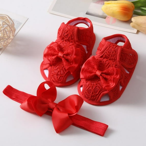 URMAGIC Cotton Summer Bowknot Hollow Barefoot Sandals & Headbands for Baby Girl Toddlers 0-6 Months