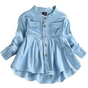 URMAGIC Fall Baby Girls Kids Ruched Long Sleeve Cotton Denim Blouse Tops for Toddler Little Child 1-7T