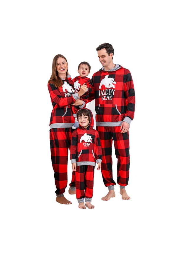 Family Matching Pajamas Set Christmas Polar Bear Plaid Hoodie Pants Loungewear
