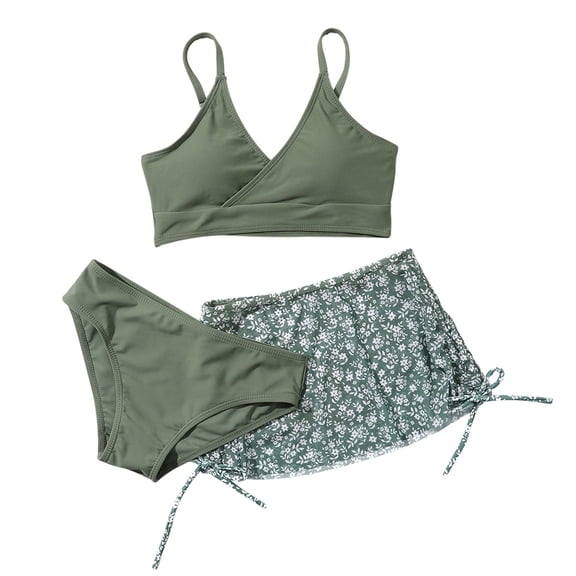 URMAGIC Girl's 3 Piece Cute High Waisted Ruffle Trim Swimsuit Bikini Sets with Beach Skirt 8-14 Years