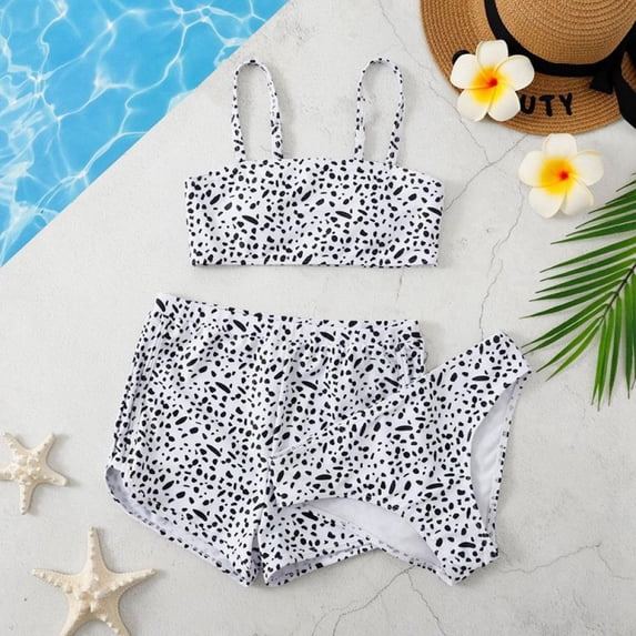 URMAGIC Girl's 3 Piece Tropical Print Criss Cross High Waist Bikini Set Bathing Suit Swimsuit with Shorts 8-14 Years