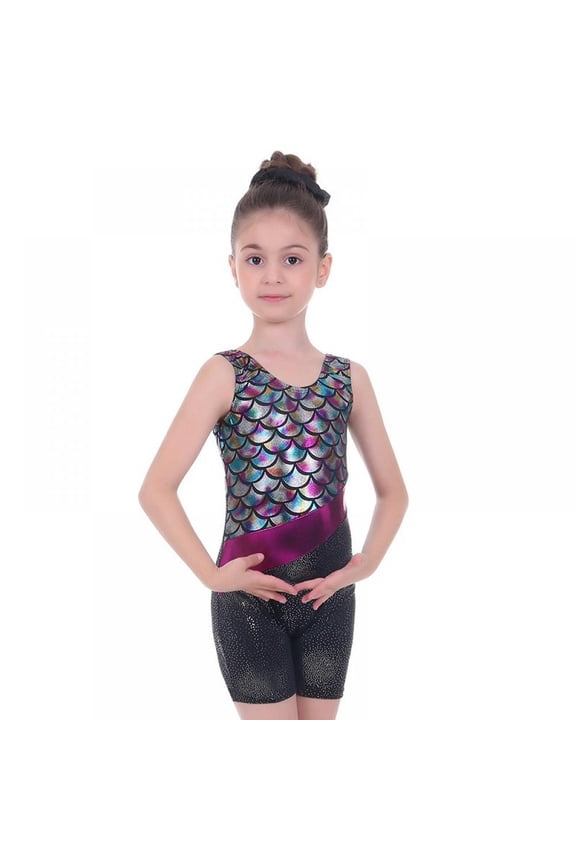 Girls Gymnastics Leotards with Shorts Sparkle Dance Unitards Mermaid Active Biketards 3-12 Years