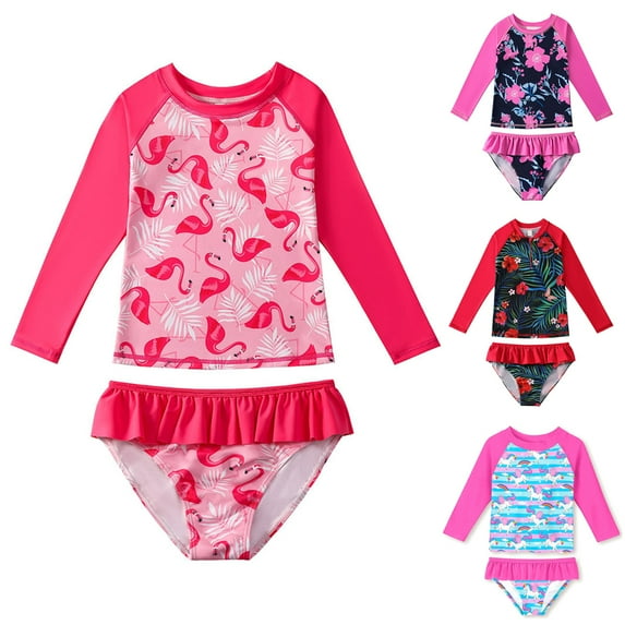 URMAGIC Girls Long Sleeve Flower Print Swimsuit Rashguard Set, Kid Beach Breathable UPF 50+ Sun Protection Swimwear 3-11 Years Old