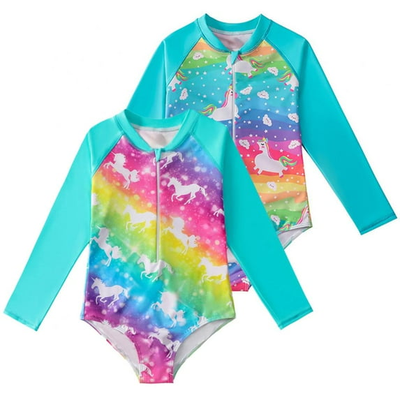 URMAGIC Girls Long Sleeve Rash Guard One Piece Swimsuit Kids UPF 50+ Sun Protection Swimwear Print Bathing Suit 3-12 Years