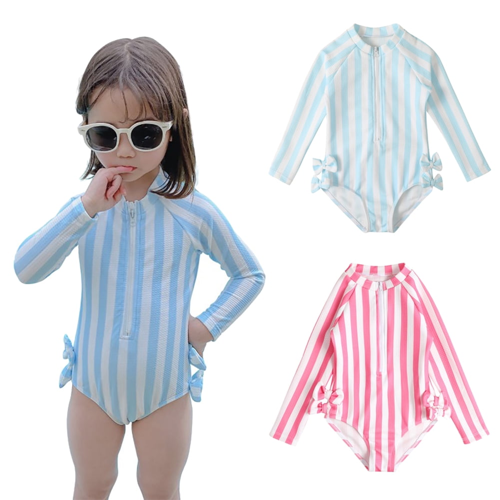 Girls Long Sleeve Swimsuit Blue Palm – Kids Tropical Rash Guard 2 Piece SPF 50