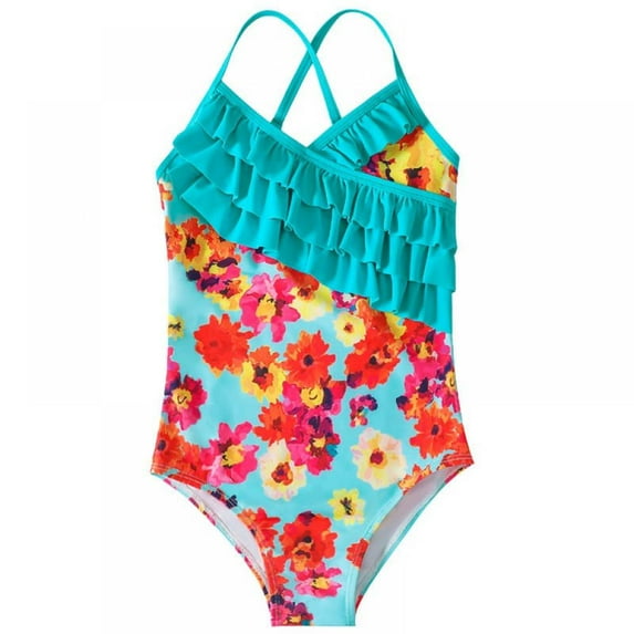 URMAGIC Girls One Piece Swimsuit Hawaiian Ruffle Crisscross Back Beach Bathing Suit Kids Floral Print Swimwear 4-12 Years