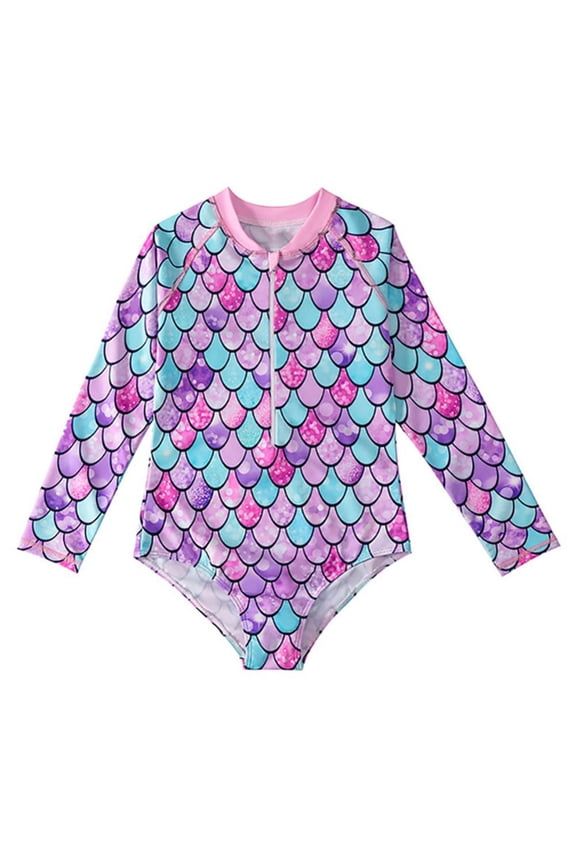 Girls Swimsuits One Piece Long Sleeve Rashguard UPF50+ Sun Protective Bathing Suit 2-10 Years