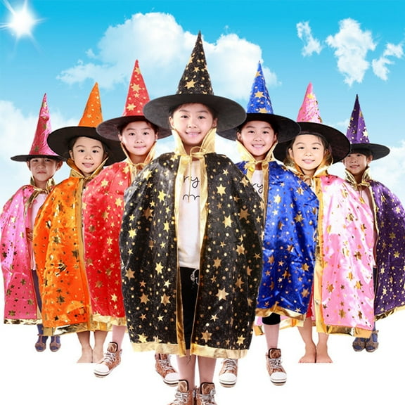 URMAGIC Halloween Witch Wizard Fancy Dress Costumes Props Cloak with Hat Reversible Kids Cosplay Rose Red Star Cape