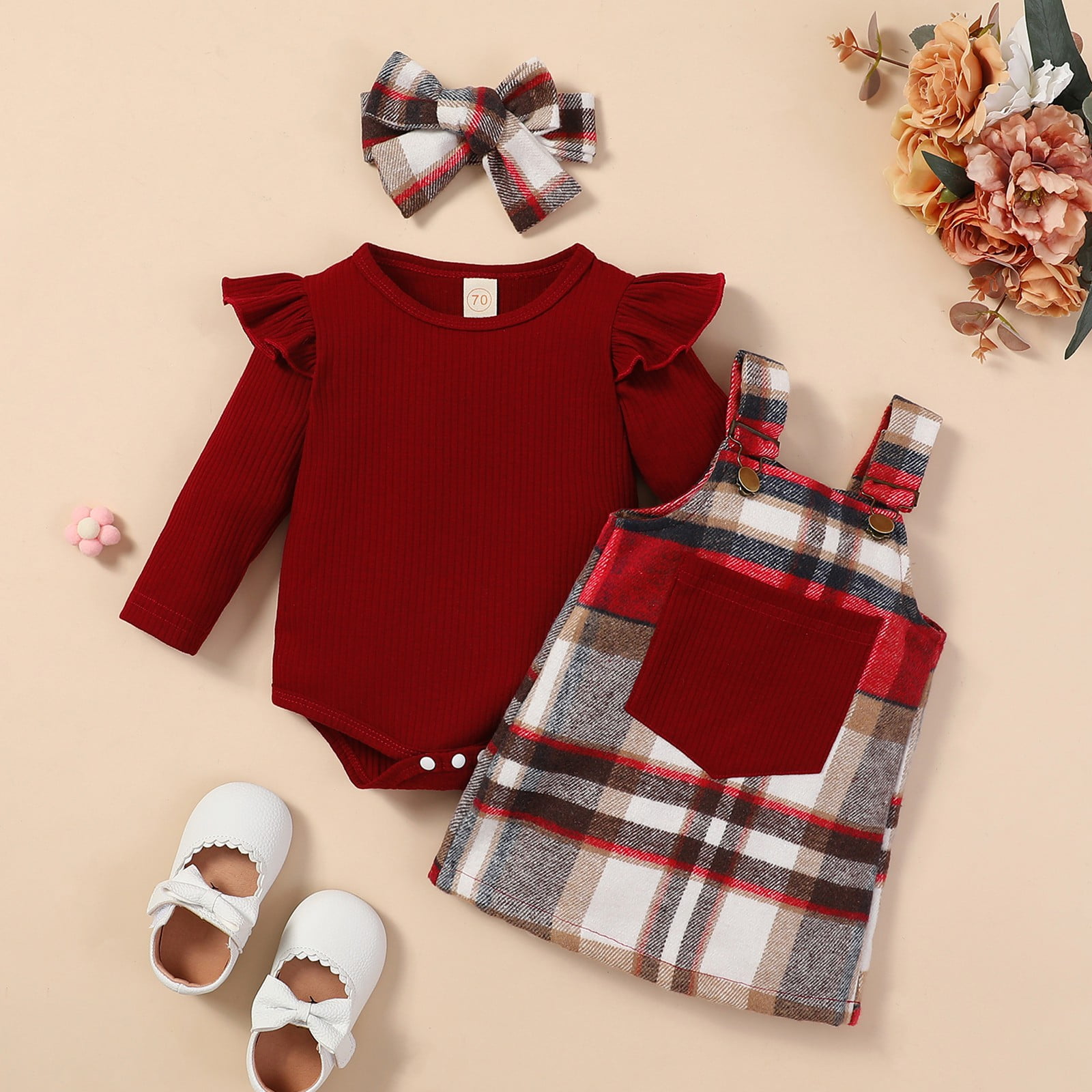 URMAGIC Infant Baby Girl Clothes Ruffled Long Sleeve Top Rompers Plaid Halter Dress Headband Newborn 3Pcs Fall Winter Outfits