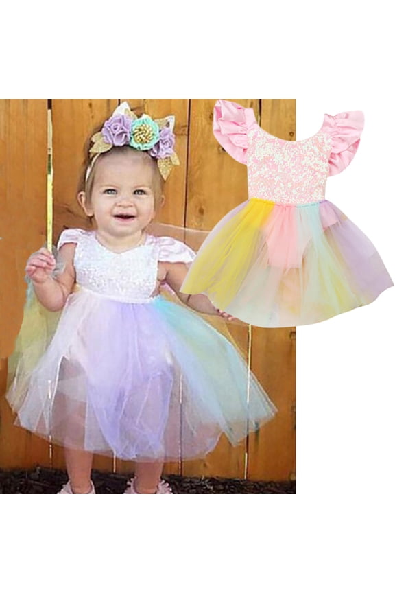 Infant Baby Girls Fly Sleeve Rainbow Sequins Romper Tutu Skirts Dress Toddler Kids Flower Wedding Princess Dresses