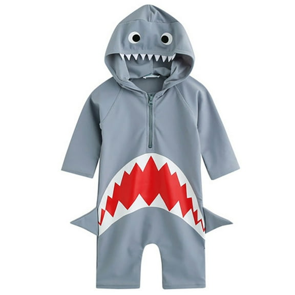 URMAGIC Kid Boy Girl Long Sleeve Shark One-Piece Hooded Swimsuit Clothes,1-5Y