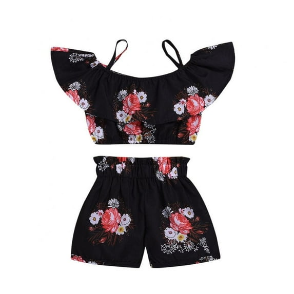 URMAGIC Kids Baby Girls Outfits Floral Ruffle Strap Crop Tops+Shorts Set Toddler Summer Clothes 1-6 Years