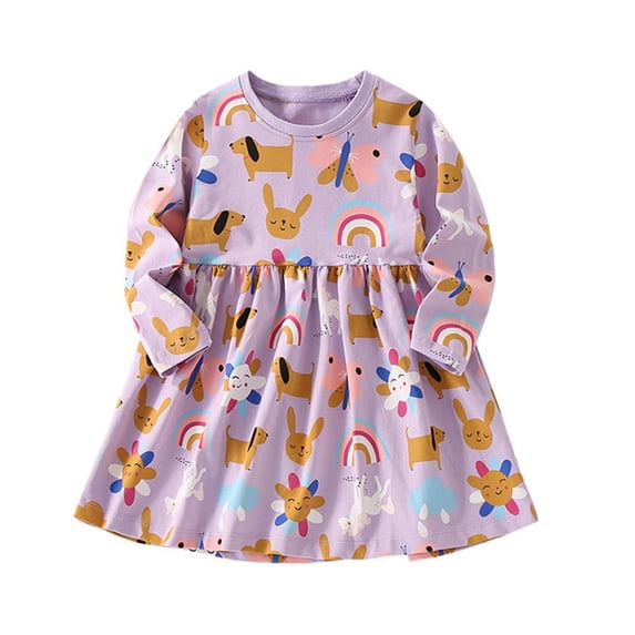 URMAGIC Kids Cute Cartoon Print Princess Dress Toddler Girl Long Sleeve Pullover Round Neck Dresses 1-18T