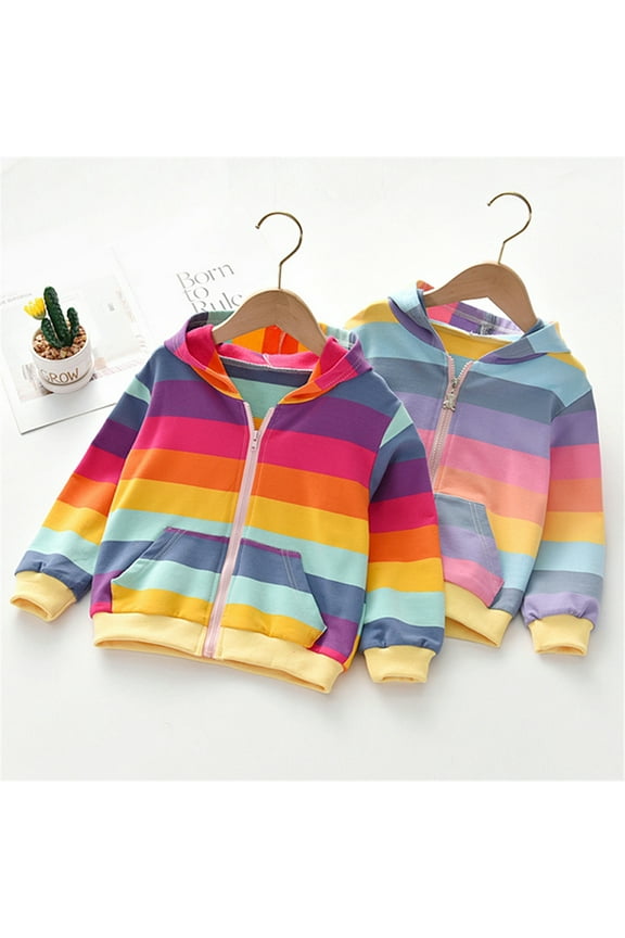 Kids Girl Rainbow Hoodies Jacket Zip Up Casual Hooded Long Sleeve Jumper Hoody Sweater Top Coat