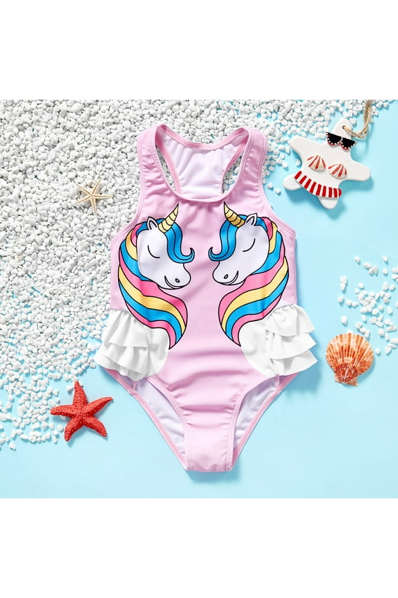 Kids Girls Rainow Unicorn Bathing Suit One Pieces Ruffles Swimsuit,18M-6T