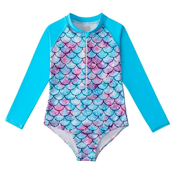 URMAGIC Kids Girls Zip Up Long Sleeve Rash Guard One-Piece Swimsuit Bathing Suit Swimwear 2-12Y