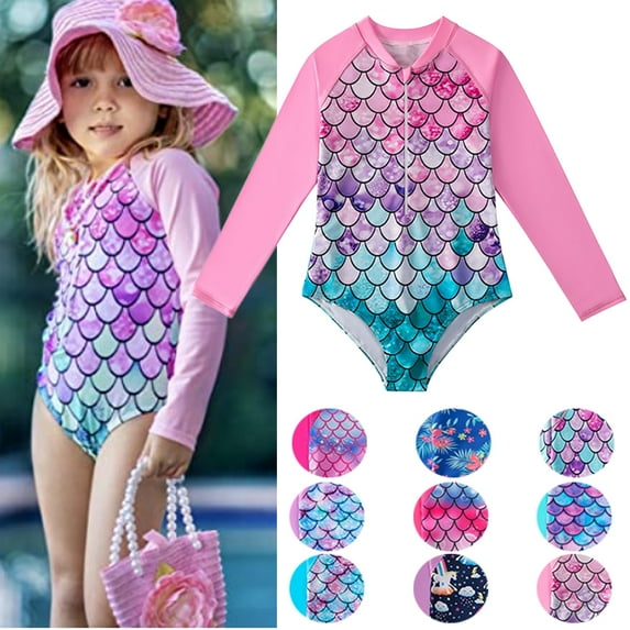 URMAGIC Kids Girls Zip Up Long Sleeve Rash Guard One-Piece Swimsuit Bathing Suit Swimwear 2-12Y