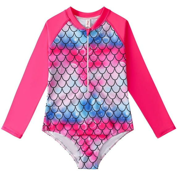 URMAGIC Kids Girls Zip Up Long Sleeve Rash Guard One-Piece Swimsuit Bathing Suit Swimwear 2-12Y