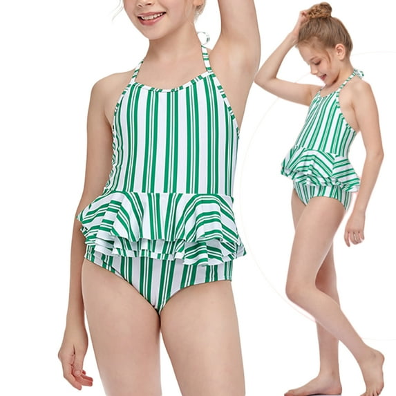 URMAGIC Little and Big Girls Striped One-Piece Halter Swimsuit Flounce Swimwear