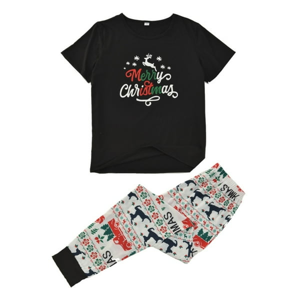 URMAGIC Matching Family Pajamas Sets Christmas PJ's with Short Sleeve Black Tee Tops and Print Pants Loungewear Sleepwear