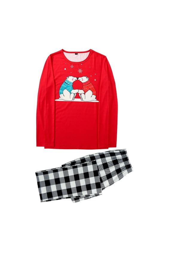 Matching Family Sleepwear Sets Christmas Pajamas with Cute Bear and Plaid Printed Long Sleeve Tee and Bottom Loungewear
