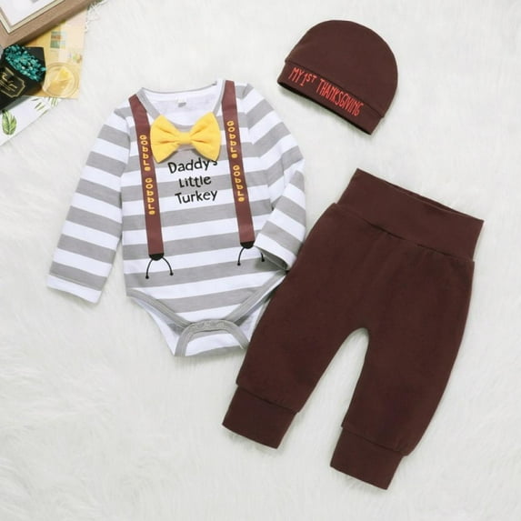 URMAGIC Newborn Baby Boy Daddy's Little Turkey Thanksgiving Clothes Romper Turkey Print Pants Set 9-12 Months