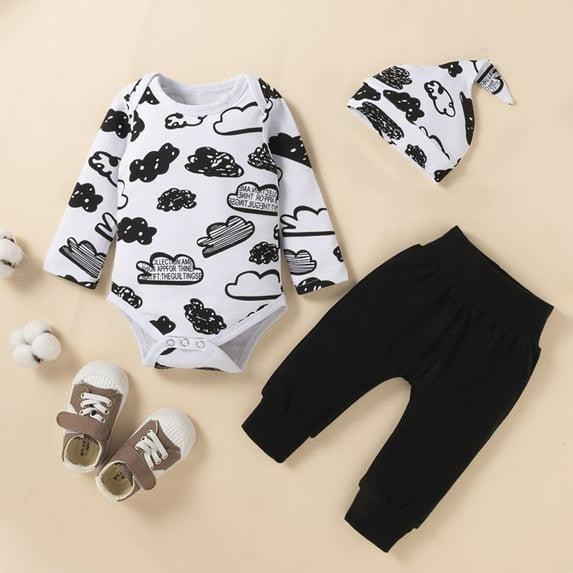 URMAGIC Newborn Baby Boys Cute Clouds Long Sleeve Romper Pants Hat 3PCS Outfits