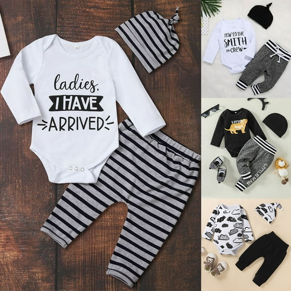 URMAGIC Newborn Baby Boys Long Sleeve Romper Pants Hat Arrived Boy 3PCS Outfits