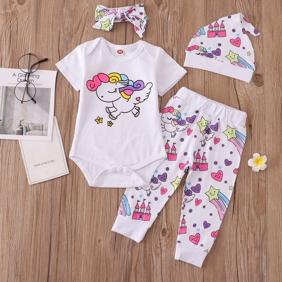 URMAGIC Newborn Baby Girl 4PCS Rainbow Pegasus Outfits Long Sleeve Romper Pants Headband Hat Clothes